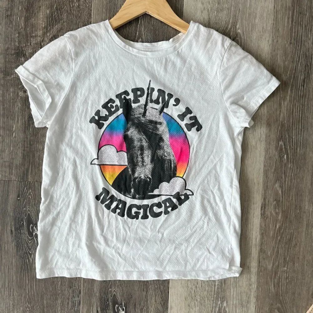 Old Navy Kids White Short Sleeve T-Shirt Keepin It Magical Unicorn Graphic Tee